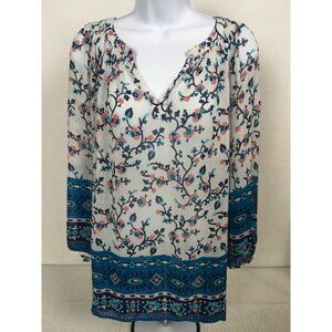 Old Navy Top Women Size XXL White Blue Red Floral V neck 3/4 Sleeves